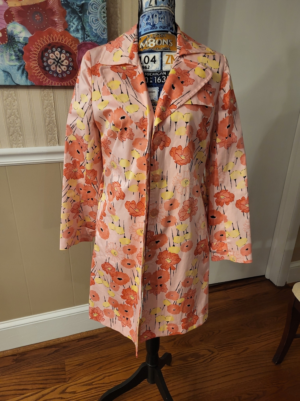 Apostrophe Pink Floral Poplin Long Jacket with Orange & Yellow Blooms,  Size 6